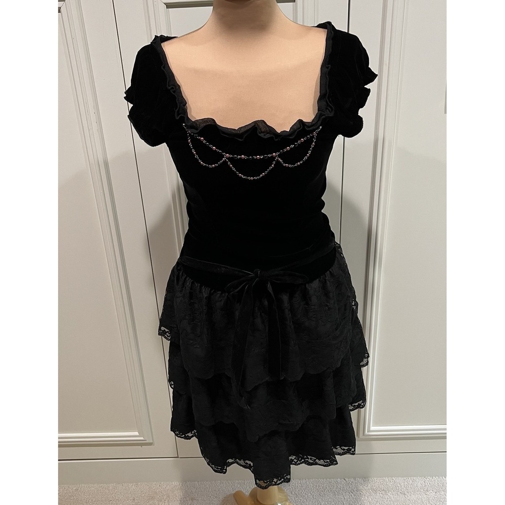 Black Velvet Lace‎ Tiered Women's Dress Size Small Whimsigoth Fairy Grunge Vampy